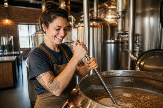 Female brewer stirring mash in industrial brewery vat