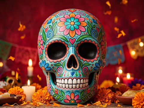 A vibrant and ornate sugar skull decorated with colorful floral patterns, centered on an altar for Day of the Dead (Dia de los Muertos) with candles and marigold flowers against a dark red background.