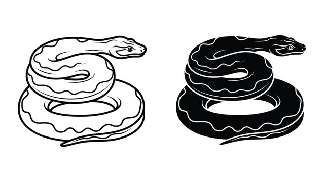 Set of coiled snakes, black and white vector illustration, isolated on white background