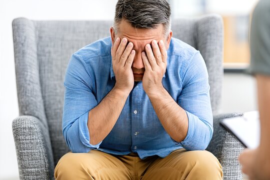 Mental Health Crisis, Stressed Man Covering Face During Therapy Session, Depression, Anxiety, And Emotional Distress
