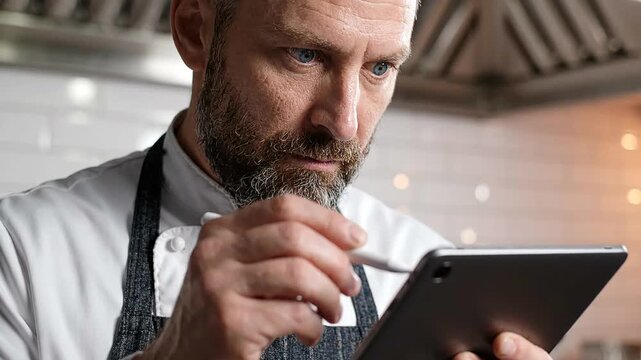 Middle-aged male chef using tablet in professional kitchen, demonstrating digital culinary precision, menu planning, recipe management, and modern food technology.