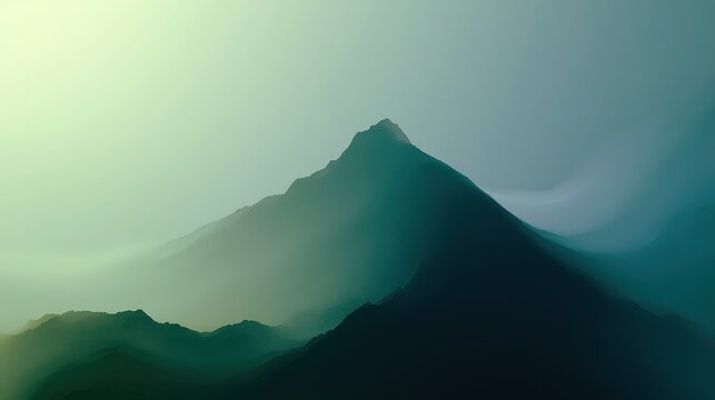 Abstract color field digital art with fluid organic blended gradients, desaturated lime green top-left shifting to deep teal and muted blue-gray right, central curved peak forming soft horizon
