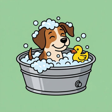 Cute cartoon puppy dog taking a bath with soap bubbles and a yellow rubber duck in a metal tub vector illustration