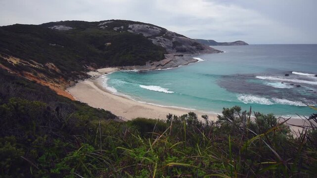 Overlooking the sandy beach at Salmon Pools, Torndirrup National Park, Western Australia, Australia.