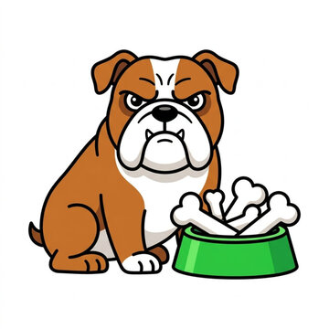 Stylized angry bulldog illustration, a charming grumpy dog guarding its bone-filled bowl, perfect for various graphic design projects and pet-themed concepts