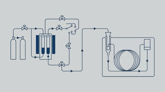 Water purification system vector diagram with pipes valves filters and flow arrows.