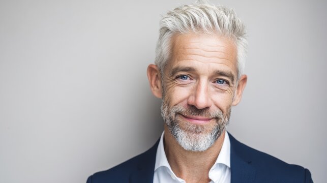 Welcoming Dutch businessman with gray hair and suit against neutral background