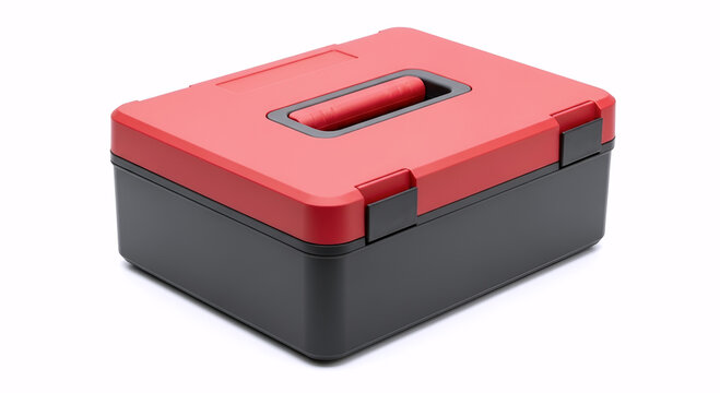 Minimalist closed red and black plastic storage tool box case with built in handle isolated on a white background