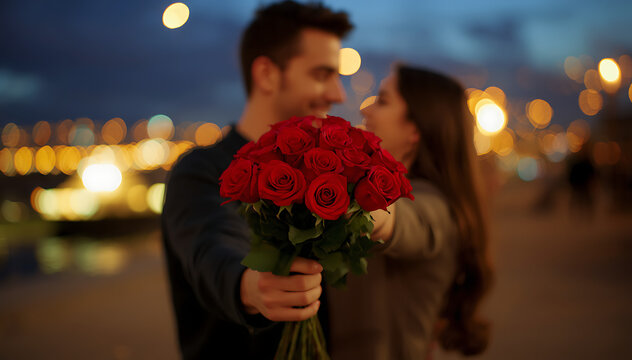 Man giving a bouquet of red roses to his girlfriend outdoors with relationship