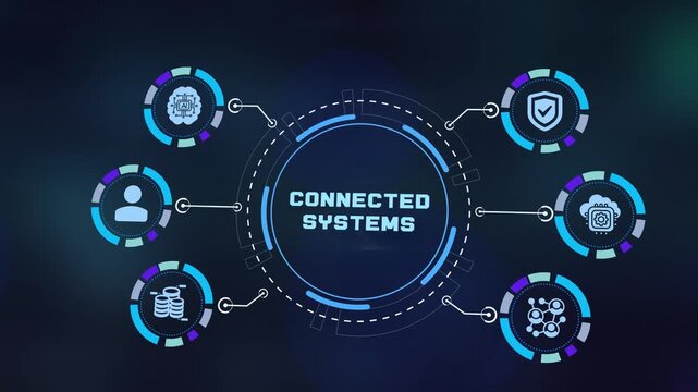 Connected systems concept with integration icons and glowing network connections for global business technology backdrop