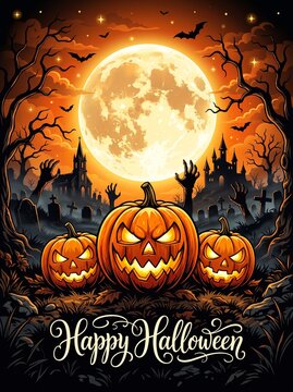 Spooky Happy Halloween greeting card illustration with glowing jack-o'-lanterns, a giant full moon, a haunted cemetery, and eerie silhouette trees in an orange-hued mystical atmosphere.