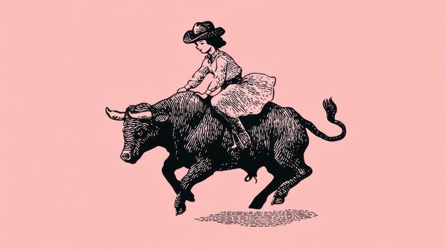 Young cowgirl on a bull in vintage western illustration style