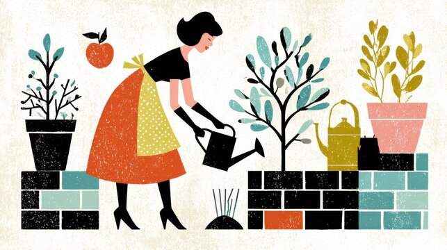 Vintage style illustration of a woman watering plants in a garden