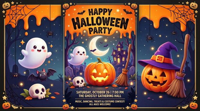 A festive Halloween party invitation flyer featuring cute ghosts, a glowing Jack-o'-lantern with a witch hat, skulls, a broomstick, a crescent moon, and cobwebs against a starry night background