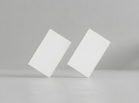 Two blank business cards floating above a light gray surface mockup presentation