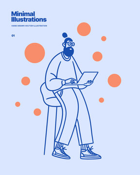 Bearded man using a laptop while sitting on a chair, focused on remote work or study. Minimal flat line illustration for websites, apps, presentations, blogs, and business materials.