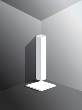 Abstract white geometric pedestal in a gray corner with dramatic lighting and shadows