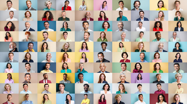 Collage of diverse business portraits in colorful grid layout for stock use