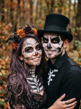 A couple wearing intricate Day of the Dead, Calavera-style skull face paint and matching skeleton-themed costumes, posing together in an autumnal forest with fall foliage.