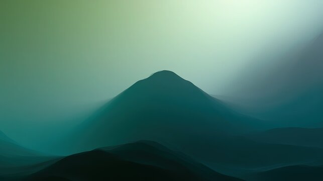 Abstract color field digital art with fluid organic blended gradients, desaturated lime green top-left shifting to deep teal and muted blue-gray right, central curved peak forming soft horizon