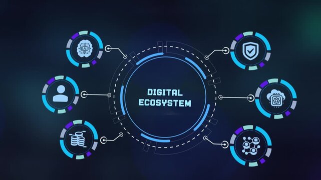 Digital ecosystem concept with business icons and glowing network connections for corporate technology presentation