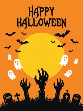 A spooky Halloween illustration featuring a giant yellow full moon, silhouette zombie hands rising from a graveyard, flying bats, and cartoon ghosts on an orange background with gothic typography.