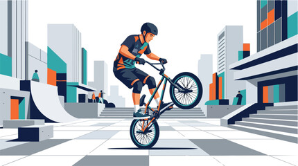 Obraz premium A BMX cyclist performing a wheelie trick in a modern urban skate park.