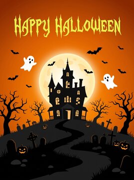A festive Halloween illustration featuring a spooky haunted house silhouette on a hill, glowing full moon background, flying bats, cheerful cartoon ghosts, and jack-o'-lanterns at night.