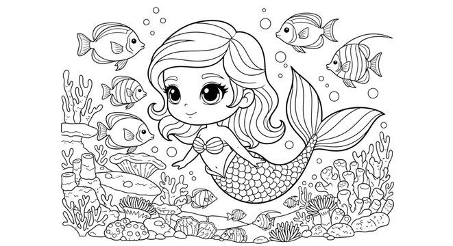 Cute cartoon mermaid with fish and coral reef, illustration for coloring book, fantasy underwater scene