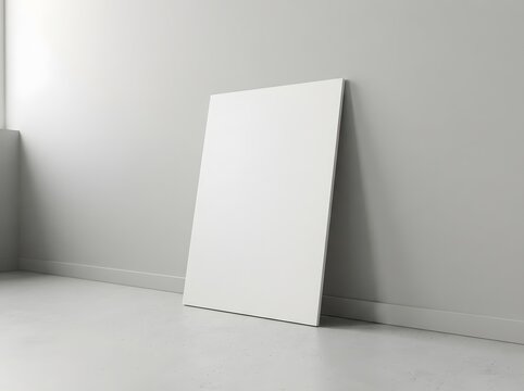 Blank white canvas leaning against a gray wall mockup for art display and presentation