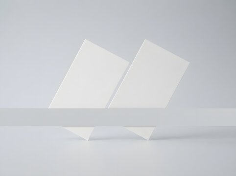 Blank white cards leaning against each other on a gray surface minimalist presentation