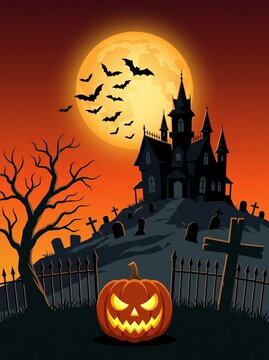A spooky Halloween scene featuring a glowing jack-o'-lantern in the foreground, a silhouetted haunted mansion on a hill, a full moon, flying bats, and a dark, eerie graveyard with tombstones.