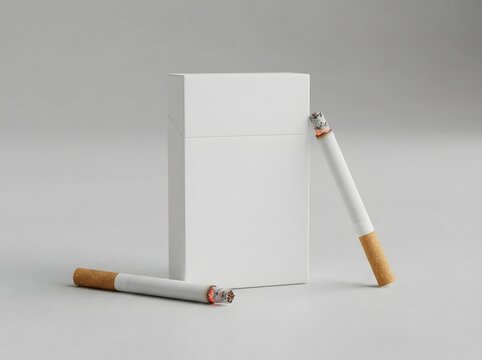 Blank white cigarette pack mockup with two cigarettes on a light gray background