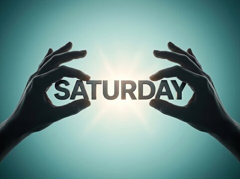 Hands hold 'SATURDAY' text, a glowing weekend celebration Concept, symbolizing leisure and time off with a bright, energetic visual.