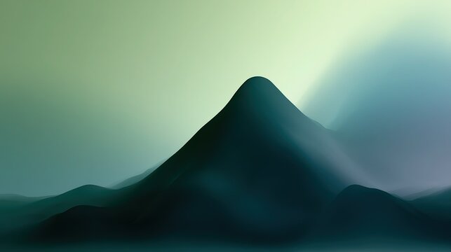 Abstract color field digital art with fluid organic blended gradients, desaturated lime green top-left shifting to deep teal and muted blue-gray right, central curved peak forming soft horizon
