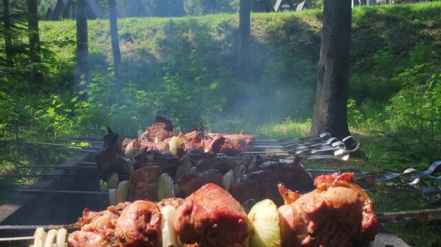 A horizontal close up tracking shot of delicious shashlik pork skewers cooking over hot coals in a sunny pine forest, perfect for family picnic storytelling and summer food advertising.
