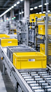 Kanban system in action with neatly stacked totes and racks for timely supply to assembly lines enhancing lean manufacturing flow.