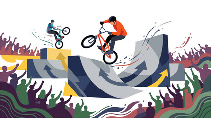 Obraz premium Professional BMX riders performing extreme stunts on a skate park ramp during a competition.