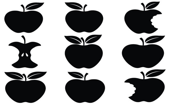 Set of black apple silhouettes, whole, bitten and core