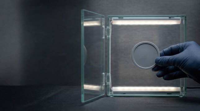 Gloved hand presenting a circular metal sample inside a transparent inspection chamber with dark background and left copy space