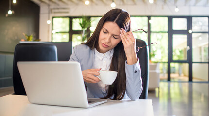 Fototapeta premium Stressed businesswoman holding cup of coffee and rubbing temple due to headache at work