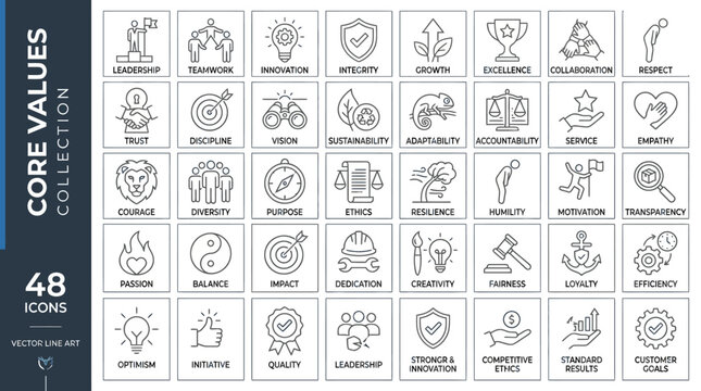 Core values icon collection, 48 business ethics line icons, corporate culture and mission statement symbols, professional company philosophy vector set
