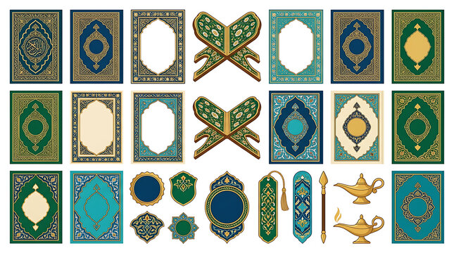 Set of decorative Quran book vector icons isolated on transparent background for Islamic art