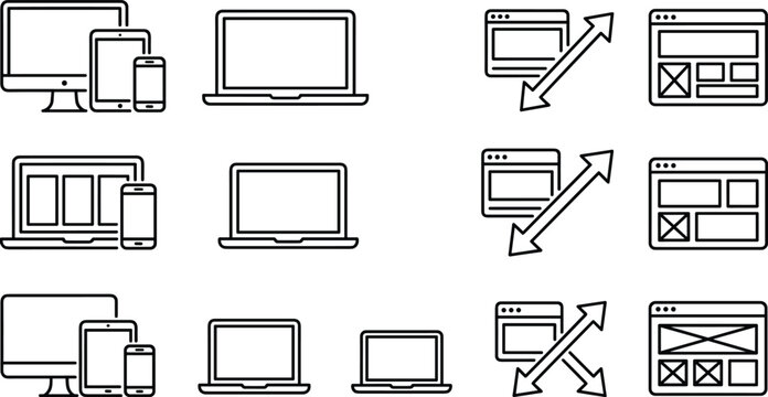 Responsive Web Design and UI UX Line Icon Set Featuring Multi Device Wireframes Desktop Monitor Laptop Tablet Smartphone and Browser Window Scale Symbols