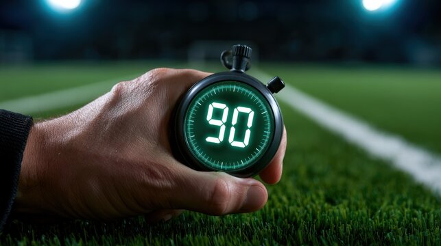 Close up of hand holding stopwatch showing 90 on soccer field