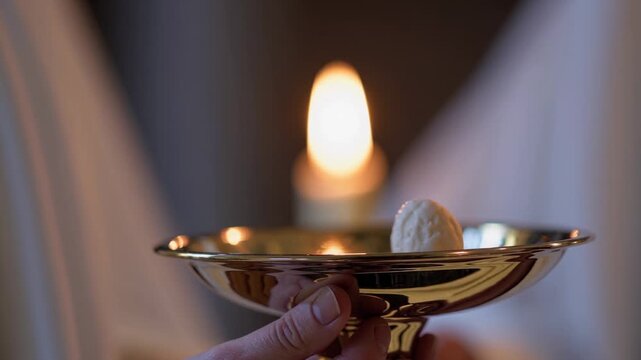Individual holding a golden plate with a lit candle and a white object, surrounded by soft lighting and draped fabric in a serene indoor setting