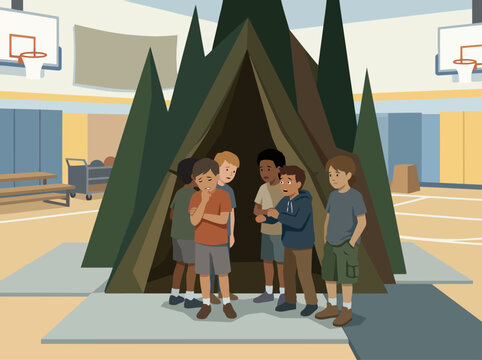 A group of apprehensive kids huddle around a large tent in a school gymnasium. The scene evokes a sense of hesitant anticipation for a survival activity.  Clear composition, vibrant colors.