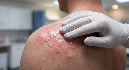 Naklejka premium Doctor wearing white medical gloves applying clear soothing gel on skin rash of patient shoulder in clinic room.