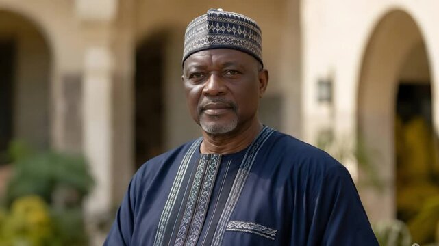 Distinguished Senior Man in Blue Traditional Attire and Embroidered Cap Outdoors