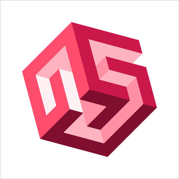 Impossible Geometric Cube Optical Illusion in Pink and Red